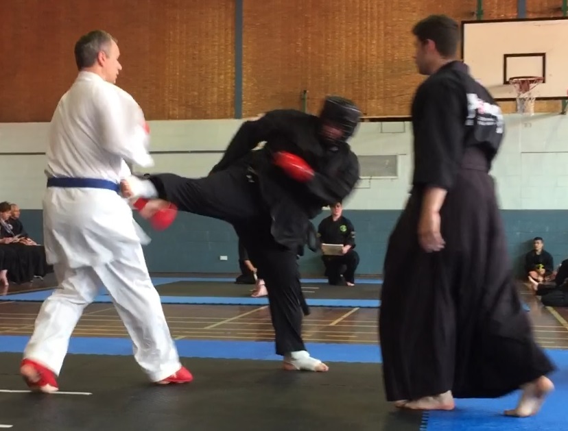 Sifu Maurice side kicks at tournament