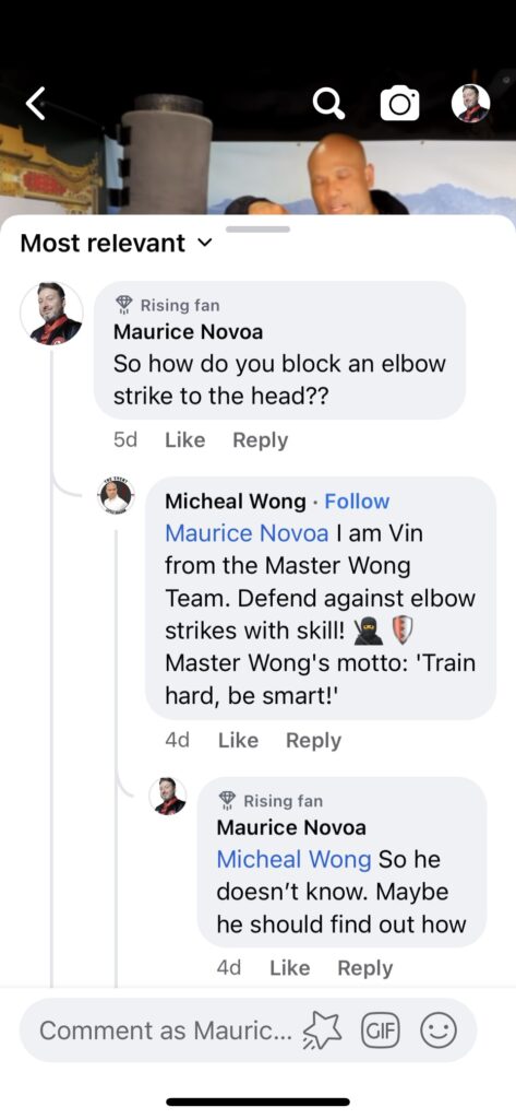 Martial Arts Youtuber Master Wong's response to question on how to block an elbow strike